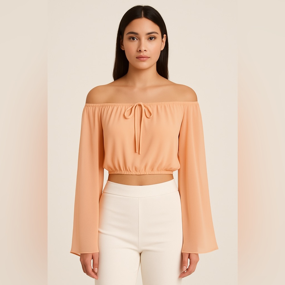 Tobi Peach Off-Shoulder Flowy Sheer Long Sleeve Cropped Top | Size L